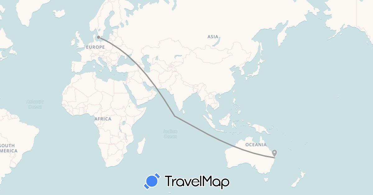 TravelMap itinerary: driving, plane in Australia, Denmark, Maldives (Asia, Europe, Oceania)